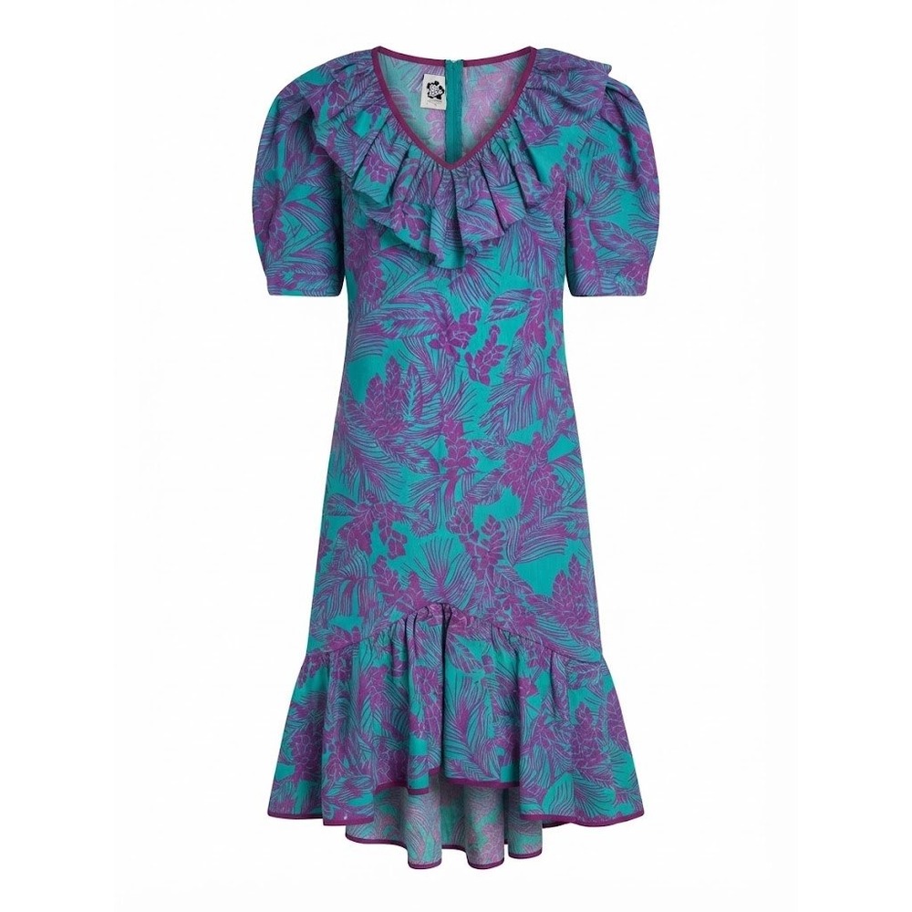 Hilo Hattie Hawaii Floral Ruffle High Low Dress Blue Purple Size 16 Vtg USA
